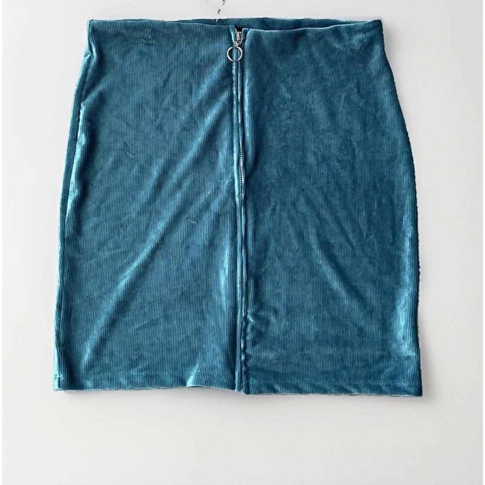 Poof Blue Ribbed Zipper Mini Skirt NWT Size L Stretch Zip